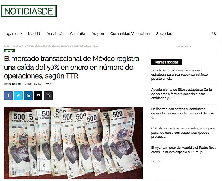 El mercado transaccional de Mxico registra una cada del 50% en enero en nmero de operaciones, segn TTR